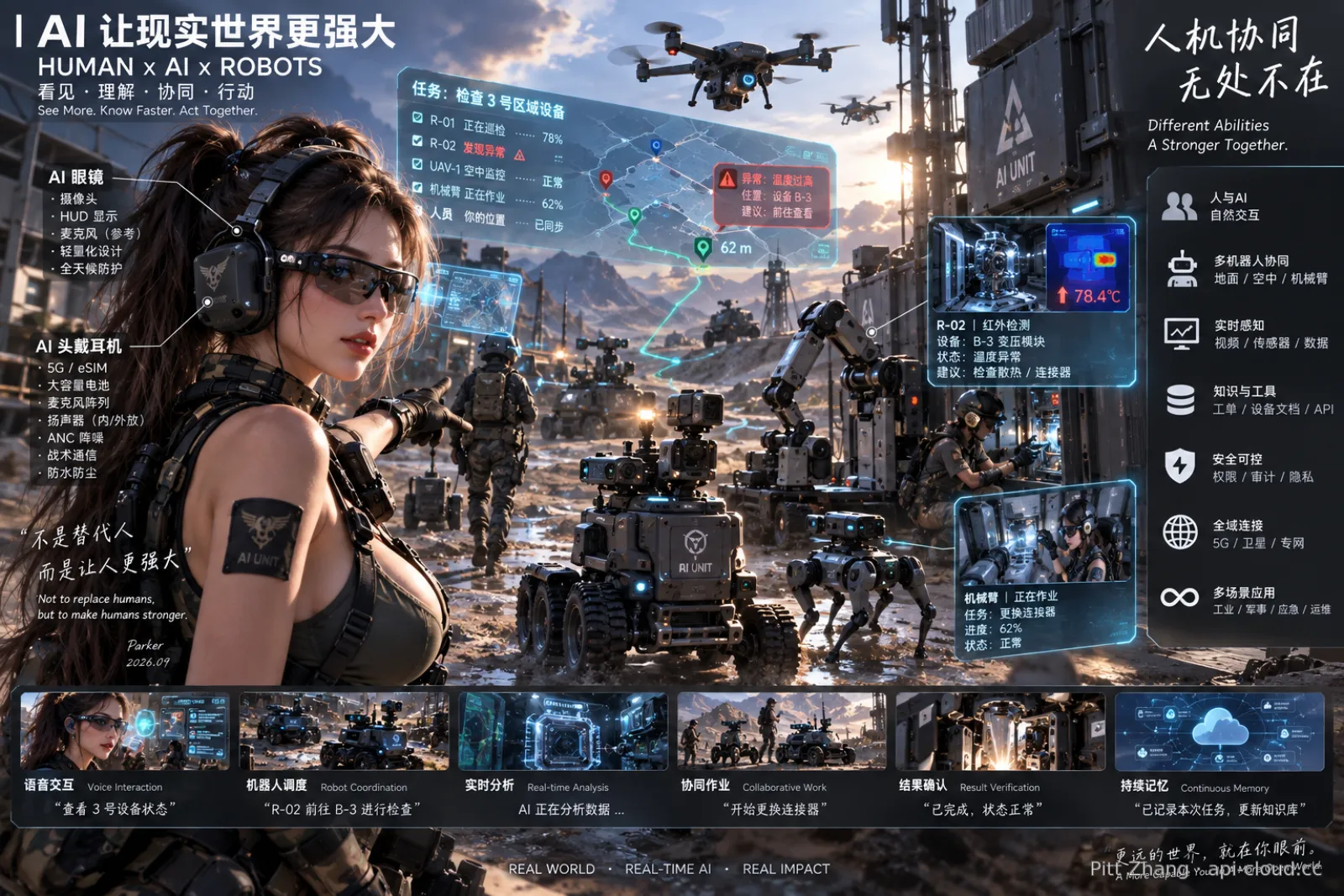 人、AI 与机器人在真实现场协同作业的场景图